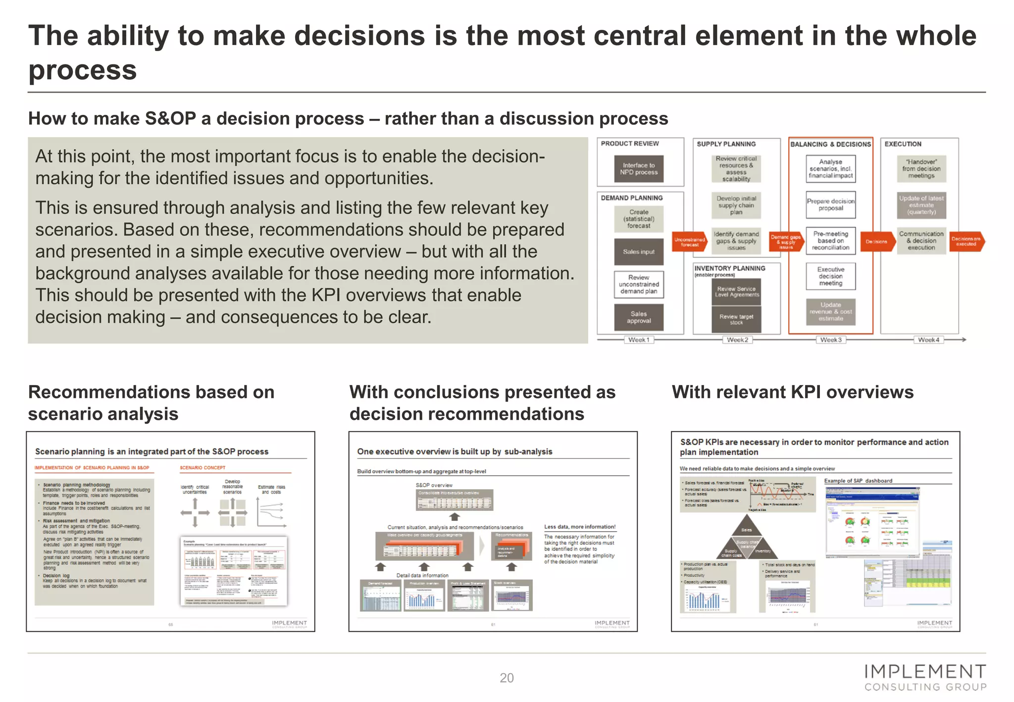 20
The ability to make decisions is the most central element in the whole
process
At this point, the most important focus is to enable the decision-
making for the identified issues and opportunities.
This is ensured through analysis and listing the few relevant key
scenarios. Based on these, recommendations should be prepared
and presented in a simple executive overview – but with all the
background analyses available for those needing more information.
This should be presented with the KPI overviews that enable
decision making – and consequences to be clear.
How to make S&OP a decision process – rather than a discussion process
Recommendations based on
scenario analysis
With conclusions presented as
decision recommendations
With relevant KPI overviews
 