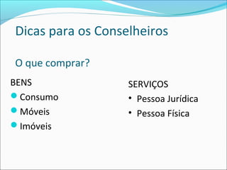 Dicas para os Conselheiros
O que comprar?
BENS
Consumo
Móveis
Imóveis
SERVIÇOS
• Pessoa Jurídica
• Pessoa Física
 