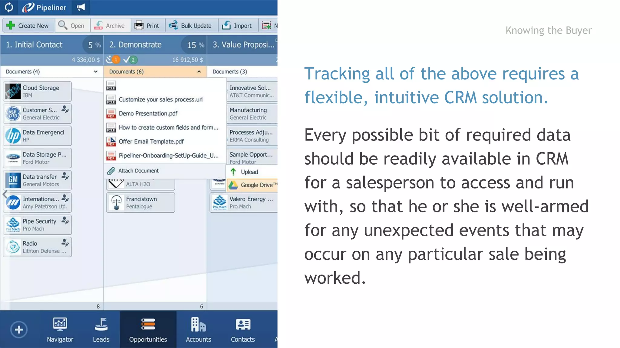 Knowing the Buyer
Tracking all of the above requires a
flexible, intuitive CRM solution.
Every possible bit of required data
should be readily available in CRM
for a salesperson to access and run
with, so that he or she is well-armed
for any unexpected events that may
occur on any particular sale being
worked.
 