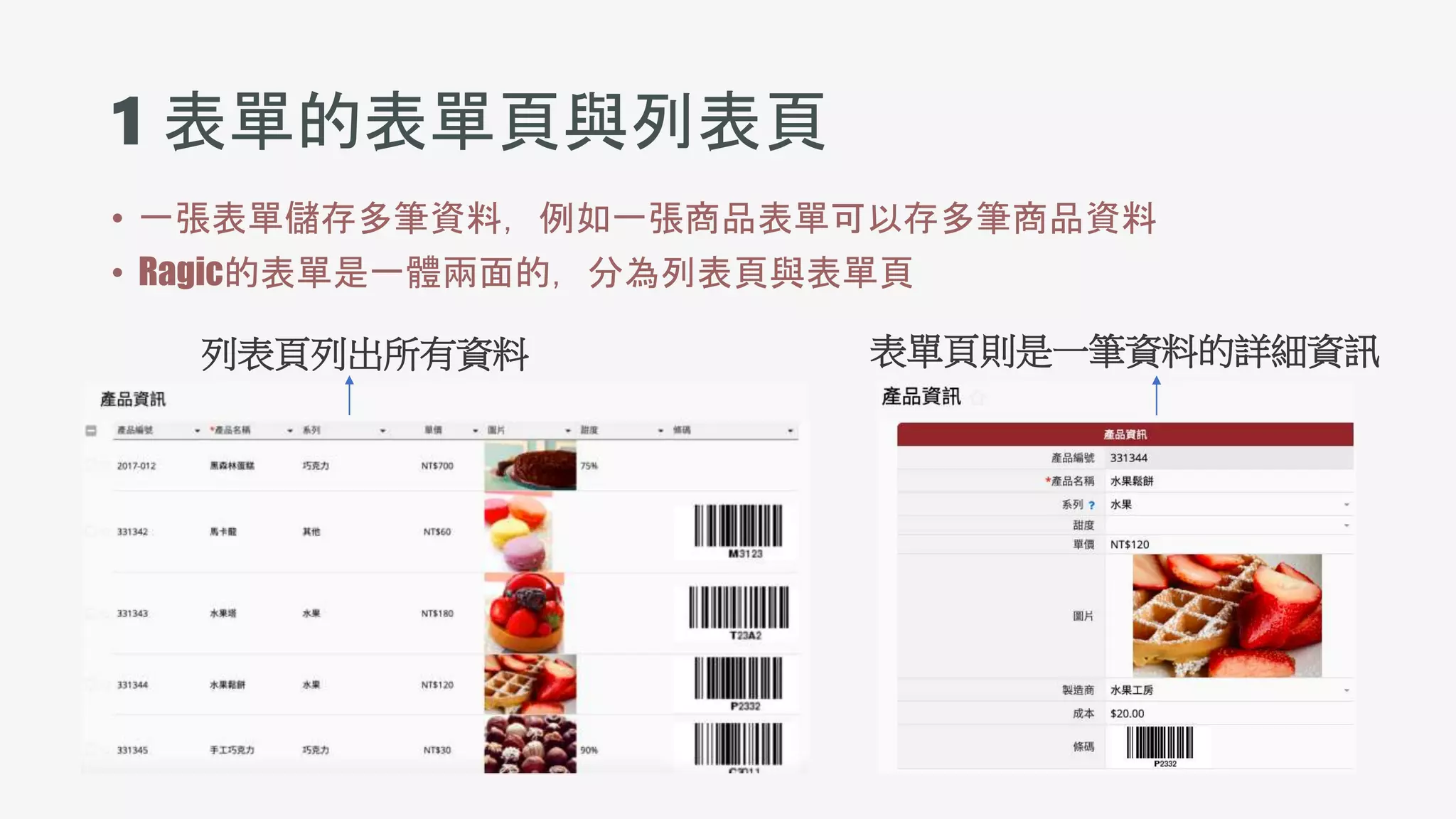 1 表單的表單頁與列表頁
• 一張表單儲存多筆資料，例如一張商品表單可以存多筆商品資料
• Ragic的表單是一體兩面的，分為列表頁與表單頁
列表頁列出所有資料 表單頁則是一筆資料的詳細資訊
 