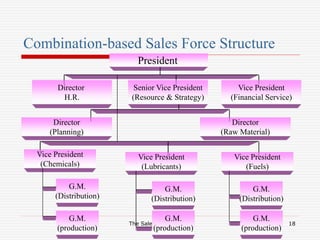 The Sales Organization 18
Combination-based Sales Force Structure
President
Senior Vice President
(Resource & Strategy)
Director
H.R.
Vice President
(Financial Service)
Director
(Planning)
Director
(Raw Material)
Vice President
(Chemicals)
Vice President
(Lubricants)
Vice President
(Fuels)
G.M.
(Distribution)
G.M.
(production)
G.M.
(production)
G.M.
(Distribution)
G.M.
(production)
G.M.
(Distribution)
 