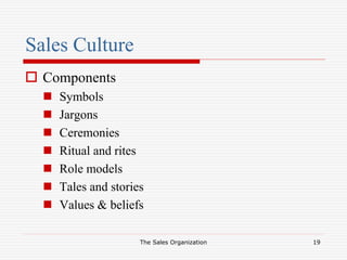 The Sales Organization 19
Sales Culture
 Components
 Symbols
 Jargons
 Ceremonies
 Ritual and rites
 Role models
 Tales and stories
 Values & beliefs
 