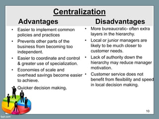 Centralization
Advantages Disadvantages
• Easier to implement common
policies and practices
• Prevents other parts of the
...