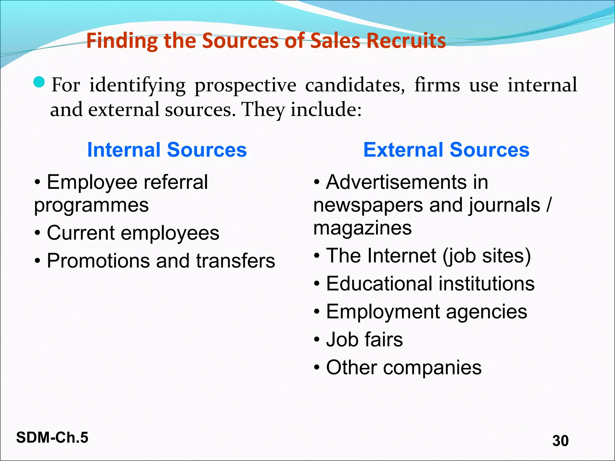 SDM-Ch.5 30
Finding the Sources of Sales Recruits
For identifying prospective candidates, firms use internal
and external sources. They include:
Internal Sources External Sources
• Employee referral
programmes
• Current employees
• Promotions and transfers
• Advertisements in
newspapers and journals /
magazines
• The Internet (job sites)
• Educational institutions
• Employment agencies
• Job fairs
• Other companies
 