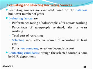 SDM-Ch.5 31
Evaluating and selecting Recruiting Sources
Recruiting sources are evaluated based on the database
built over...