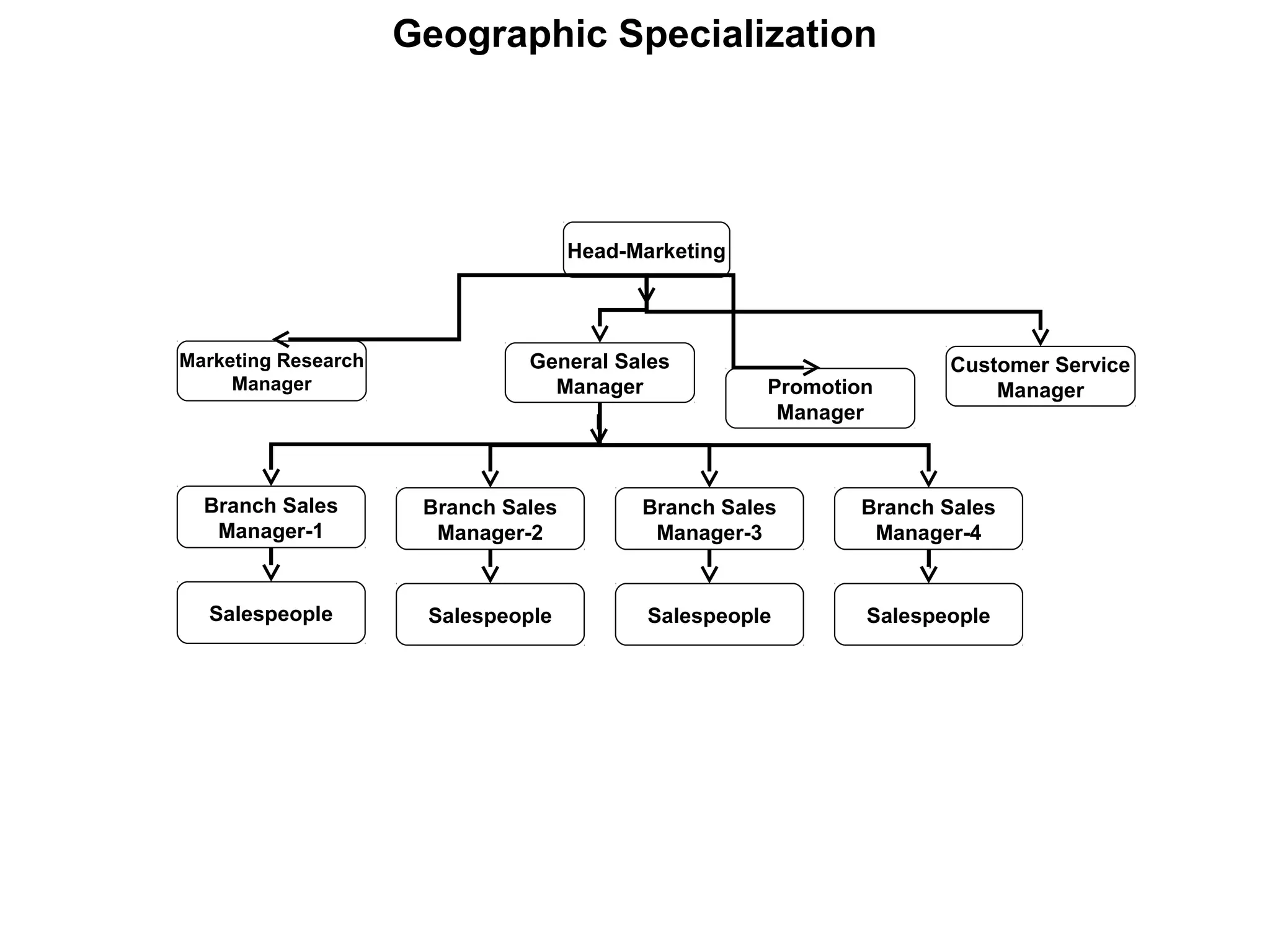 Geographic Specialization
Head-Marketing
Marketing Research
Manager
General Sales
Manager Promotion
Manager
Customer Service
Manager
Branch Sales
Manager-1
Branch Sales
Manager-2
Branch Sales
Manager-3
Branch Sales
Manager-4
Salespeople Salespeople Salespeople Salespeople
 