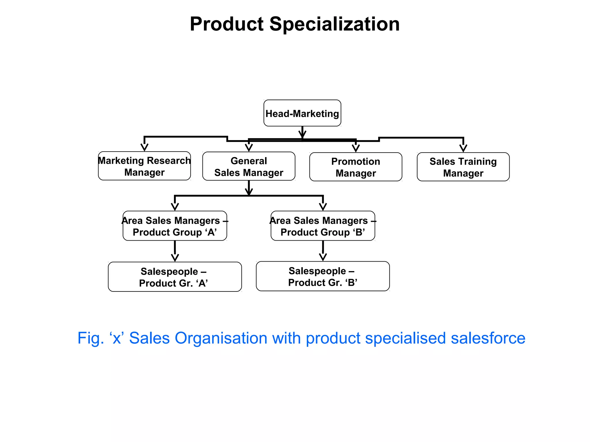 Product Specialization
Head-Marketing
Marketing Research
Manager
General
Sales Manager
Sales Training
Manager
Promotion
Manager
Area Sales Managers –
Product Group ‘A’
Area Sales Managers –
Product Group ‘B’
Salespeople –
Product Gr. ‘A’
Salespeople –
Product Gr. ‘B’
Fig. ‘x’ Sales Organisation with product specialised salesforce
 