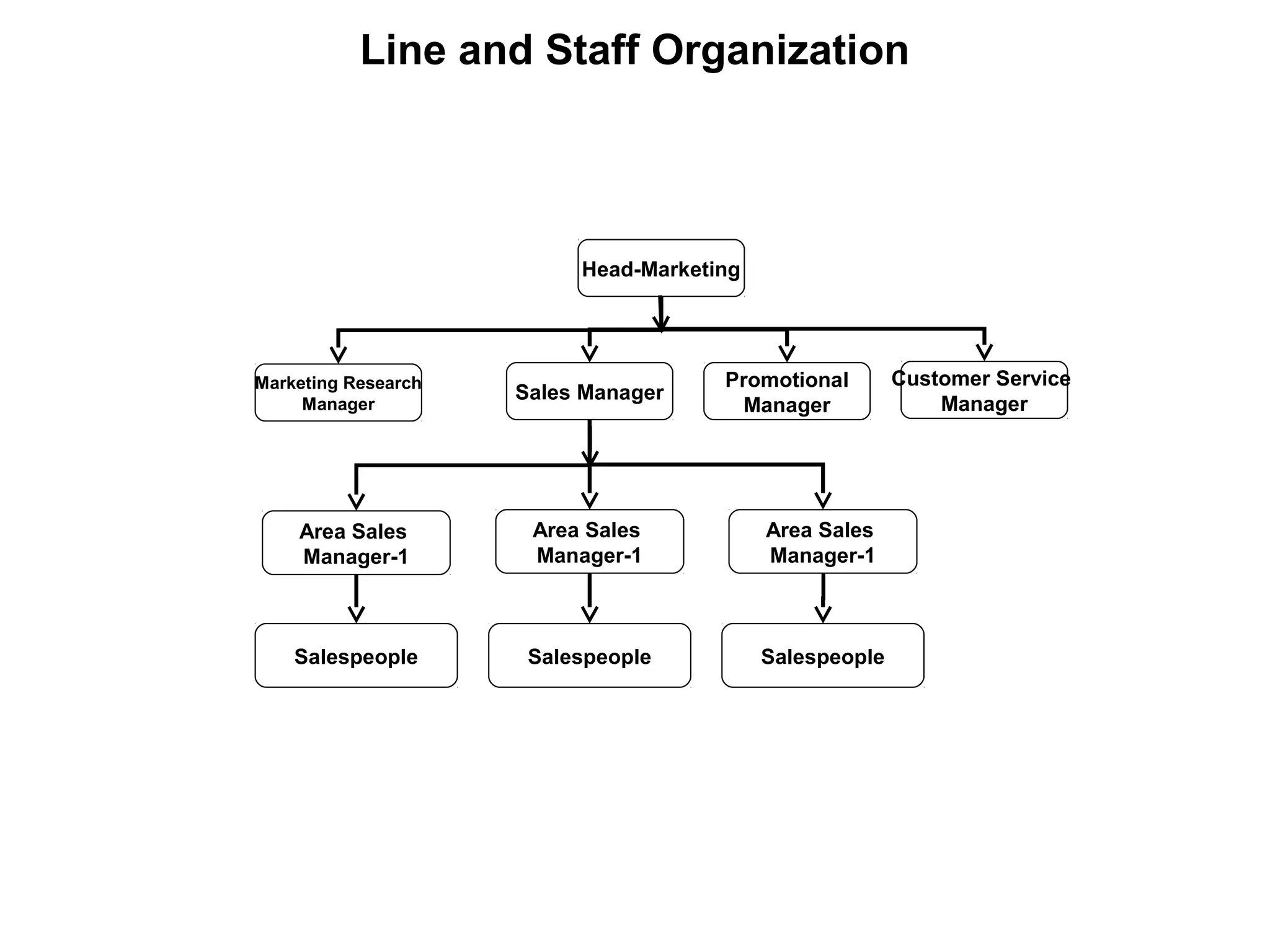 Line and Staff Organization
Head-Marketing
Marketing Research
Manager
Sales Manager
Promotional
Manager
Customer Service
Manager
Area Sales
Manager-1
Area Sales
Manager-1
Area Sales
Manager-1
Salespeople Salespeople Salespeople
 