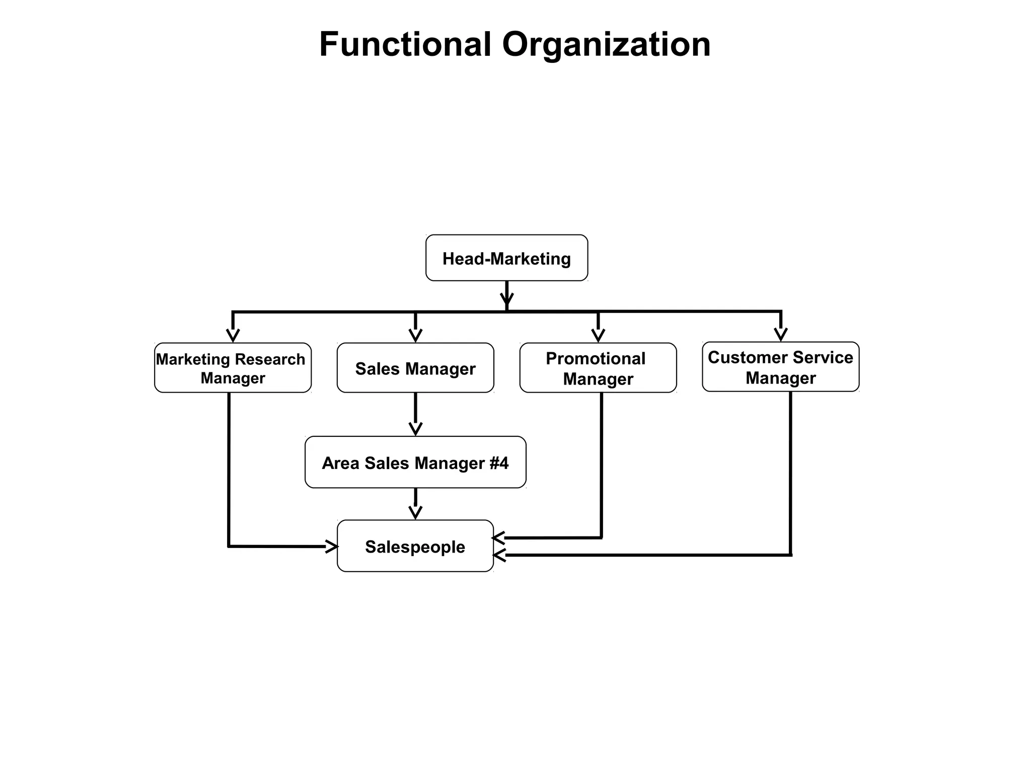 Functional Organization
Head-Marketing
Marketing Research
Manager
Promotional
Manager
Customer Service
Manager
Sales Manager
Area Sales Manager #4
Salespeople
 