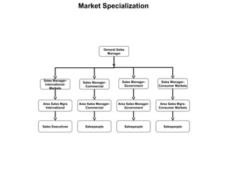 Market Specialization
General Sales
Manager
Sales Manager-
International-
Markets
Sales Manager-
Commercial
Sales Manager-
Consumer Markets
Sales Manager-
Government
Area Sales Mgrs
International
Sales Executives
Area Sales Manager-
Commercial
Salespeople
Area Sales Manager-
Government
Salespeople
Area Sales Mgrs-
Consumer Markets
Salespeople
 