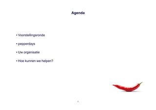 Agenda




•  Voorstellingsronde

•  pepperdays

•  Uw organisatie

•  Hoe kunnen we helpen?




                             2
 