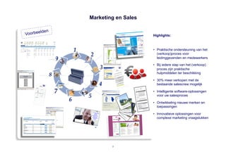 Marketing en Sales

        l   den
Voorbee                                Highlights:



                                       •  Praktische ondersteuning van het
                                          (verkoop)proces voor
                                          leidinggevenden en medewerkers

                                       •  Bij iedere stap van het (verkoop)
                                          proces zijn praktische
                                          hulpmiddelen ter beschikking

                                       •  30% meer verkopen met de
                                          bestaande salescrew mogelijk

                                       •  Intelligente software-oplossingen
                                          voor uw salesproces

                                       •  Ontwikkeling nieuwe merken en
                                          toepassingen

                                       •  Innovatieve oplossingen voor
                                          complexe marketing vraagstukken




                          7
 