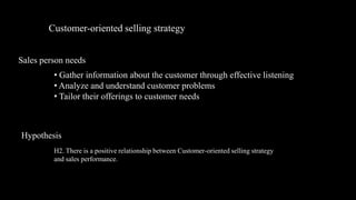 Customer-oriented selling strategy


Sales person needs
         • Gather information about the customer through effective listening
         • Analyze and understand customer problems
         • Tailor their offerings to customer needs



Hypothesis
         H2. There is a positive relationship between Customer-oriented selling strategy
         and sales performance.
 
