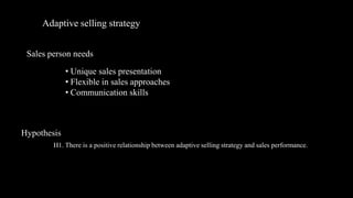 Adaptive selling strategy


 Sales person needs
             • Unique sales presentation
             • Flexible in sales approaches
             • Communication skills



Hypothesis
        H1. There is a positive relationship between adaptive selling strategy and sales performance.
 