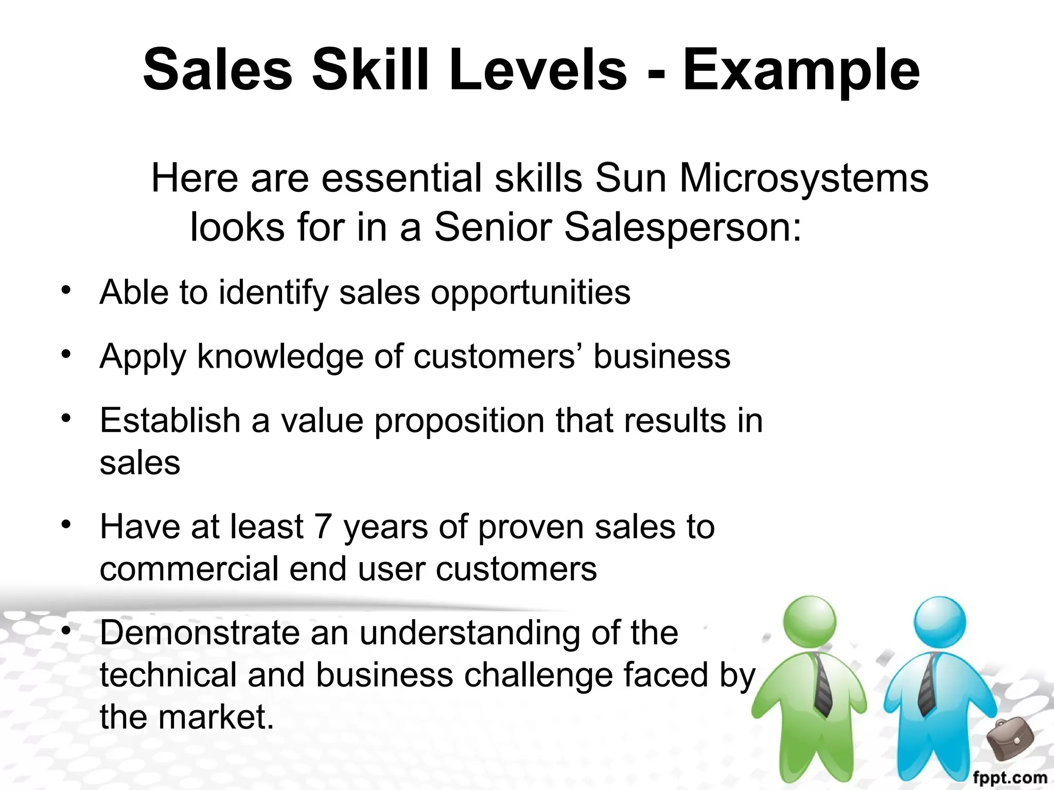 Sales Skill Levels - Example
Here are essential skills Sun Microsystems
looks for in a Senior Salesperson:
• Able to identify sales opportunities
• Apply knowledge of customers’ business
• Establish a value proposition that results in
sales
• Have at least 7 years of proven sales to
commercial end user customers
• Demonstrate an understanding of the
technical and business challenge faced by
the market.
 