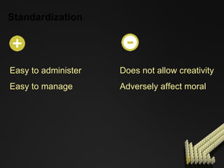 Standardization . Easy to administer Easy to manage Does not allow creativity Adversely affect moral 