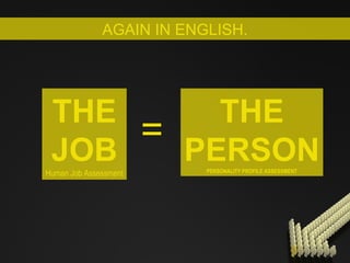 THE PERSON PERSONALITY PROFILE ASSESSMENT THE JOB Human Job Assessment = AGAIN IN ENGLISH. 