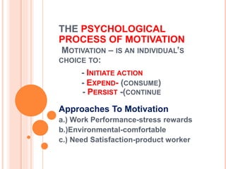 THE PSYCHOLOGICAL
PROCESS OF MOTIVATION
MOTIVATION – IS AN INDIVIDUAL’S
CHOICE TO:
- INITIATE ACTION
- EXPEND- (CONSUME)
- PERSIST -(CONTINUE
Approaches To Motivation
a.) Work Performance-stress rewards
b.)Environmental-comfortable
c.) Need Satisfaction-product worker
 