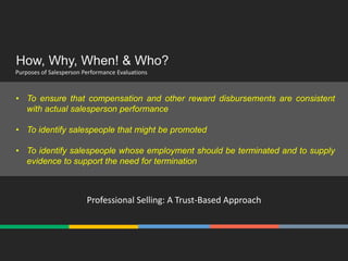 How, Why, When! & Who?
Purposes of Salesperson Performance Evaluations
Professional Selling: A Trust-Based Approach
• To ensure that compensation and other reward disbursements are consistent
with actual salesperson performance
• To identify salespeople that might be promoted
• To identify salespeople whose employment should be terminated and to supply
evidence to support the need for termination
 