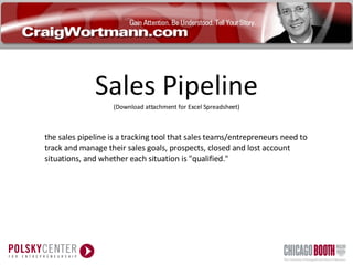 Sales Pipeline (Download attachment for Excel Spreadsheet) the sales pipeline is a tracking tool that sales teams/entrepreneurs need to track and manage their sales goals, prospects, closed and lost account situations, and whether each situation is &quot;qualified.&quot;  