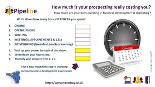 Write down how many hours PER WEEK you spend:
1. ONLINE
2. ON THE PHONE
3. WRITING
4. MEETINGS, APPOINTMENTS & 121s
5. NETWORKING (breakfast, lunch or evening)
6. Total up your answer for each of the above.
7. Write down your hourly rate.
8. Multiply your answers from 6. x 7.
That’s how much time you’re investing
in your business development every week
How much is your prospecting really costing you?
How much are you really investing in business development & marketing?
©CopyrightFraserJ.Hay2017
http://www.fraserhay.co.uk
 