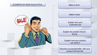 4
ELEMENTS OF GOOD SALES PITCH Make it short
Make it clear
Explain who your
customers are
Explain the problem they're
facing
Explain how your product
can solve it
Describe success/benefits with your
product will look like
 