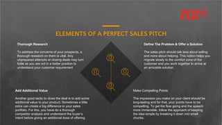 ELEMENTS OF A PERFECT SALES PITCH
Define The Problem & Offer a Solution
The sales pitch should talk less about selling
and more about helping. This notion helps you
migrate slowly to the comfort zone of the
customer and you work together to arrive at
an amicable solution.
Make Compelling Points
The impression you make on your client should be
long-lasting and for that, your points have to be
compelling. To get the flow going and the speech
more immersible, follow the approach of keeping
the idea simple by breaking it down into small
chunks.
Thorough Research
To address the concerns of your prospects, a
thorough research on them is vital. Any
unprepared attempts at closing deals may turn
futile as you are not in a better position to
understand your customer requirement
Add Additional Value
Another good tactic to close the deal is to add some
additional value to your product. Sometimes a little
extra can create a big difference to your sales
portfolio. For this, you have do a thorough
competitor analysis and understand the buyer’s
intent before giving an additional dose of offering.
 