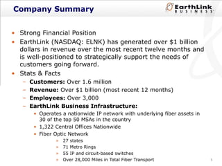 Company Summary Strong Financial Position EarthLink (NASDAQ: ELNK) has generated over $1 billion dollars in revenue over the most recent twelve months and is well-positioned to strategically support the needs of customers going forward. Stats & Facts Customers:  Over 1.6 million Revenue:  Over $1 billion (most recent 12 months) Employees:  Over 3,000 EarthLink Business Infrastructure: Operates a nationwide IP network with underlying fiber assets in 30 of the top 50 MSAs in the country 1,322 Central Offices Nationwide Fiber Optic Network 27 states 71 Metro Rings 55 IP and circuit-based switches Over 28,000 Miles in Total Fiber Transport 