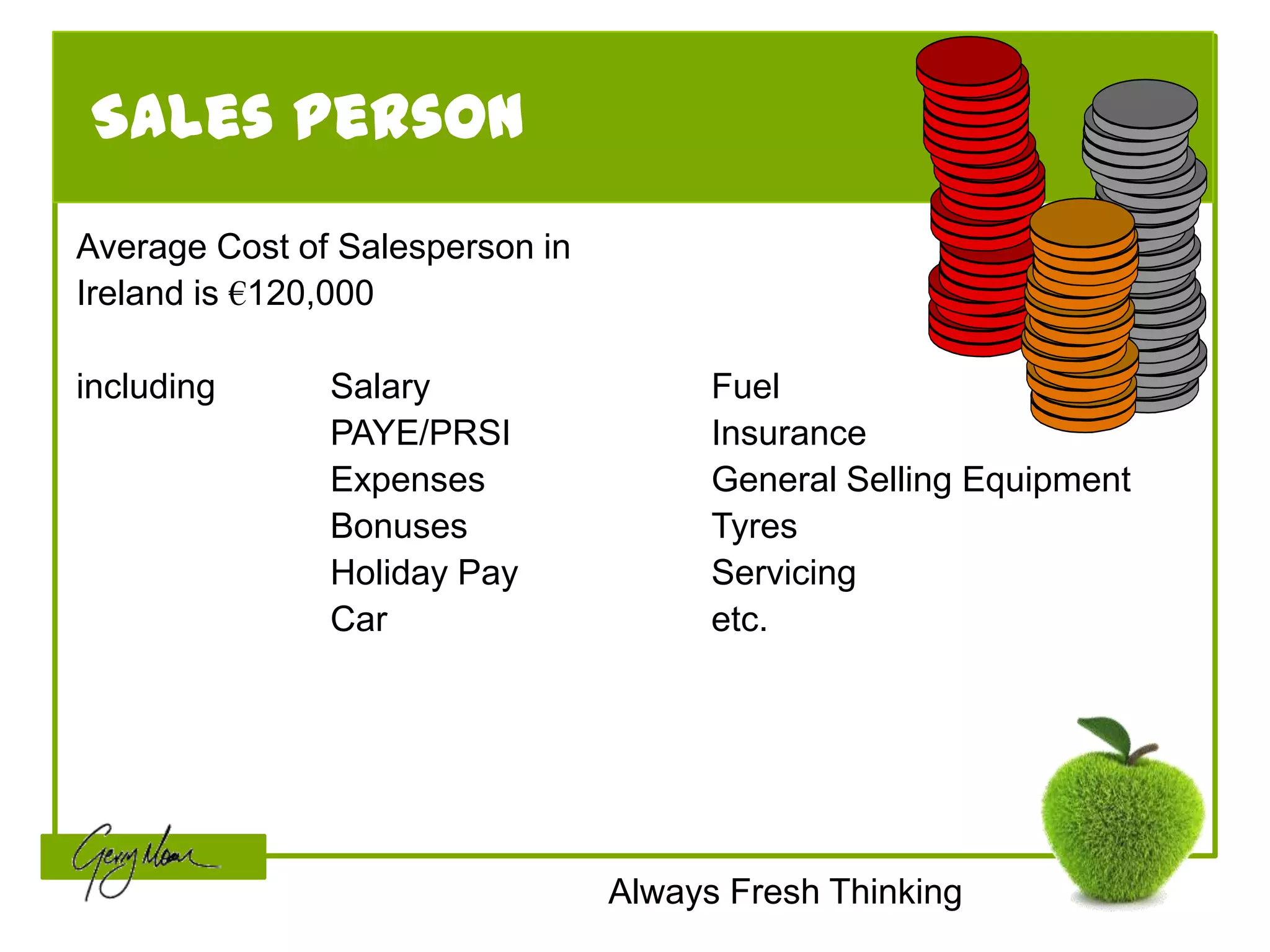 Sales Person
Average Cost of Salesperson in
Ireland is €120,000

including      Salary                  Fuel
               PAYE/PRSI               Insurance
               Expenses                General Selling Equipment
               Bonuses                 Tyres
               Holiday Pay             Servicing
               Car                     etc.




                                 Always Fresh Thinking
 