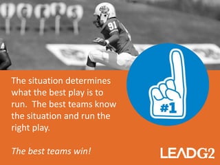 The situation determines
what the best play is to
run. The best teams know
the situation and run the
right play.
The best ...