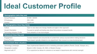 Demographics (who they are)
Annual Revenue $100M - $500M
# Employees 250-1,000
Industry Healthcare
Psychographics (how they think)
Culture Open to new ideas and change, flexible and agile in their approach
Growth Orientation Focused on growth and testing new ideas that produce increased results
Technology Adoption Profile Early adopters of new technologies
Behavioral (how they act)
Engagement Conduct research and consume lots of content from various sources before making decisions
Buying Process Team-based, typically initiated by one department, then moves to a cross-functional team
Environment (their situation)
Technology Landscape Have implemented Salesforce and a marketing automation platform (Pardot, Oracle, Hubspot, etc.)
Geographic Location Based in USA, Canada, UK, ANZ, or Western Europe
Alignment with I/T I/T is supportive but allows for solutions to be tested in departments with minimal oversight
 