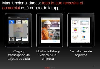 Más funcionalidades: todo lo que necesita el
comercial está dentro de la app…
iPad
Home

iPad

7:11 PM

7:11 PM

Home

Brochures

Results

Corporate Brochure
Product Catalog
Spring Promotion

Visit Report Breakdown

Updated 20 minutes ago

By Visit Type

Indus
trie

Top 5

Updated 20 minutes ago

Visit Reports this week

Updated 20 minutes ago

Updated 20 minutes ago

Visit history

Competitors presence

Updated 20 minutes ago

Updated 20 minutes ago

V l wa licht ka doe voor u
oe
t
n
n
e uw m de rke
n
e we rs

Route

Carga y
transcripción de
tarjetas de visita

Mostrar folletos y
vídeos de la
empresa

Visits

Calendar

Tasks

Contacts

Brochures

My Company

Ver informes de
objetivos

18

 