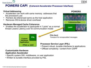 POWER8 CAPI (Coherent Accelerator Processor Interface) 
Virtual Addressing 
• Accelerator can work with same memory addres...