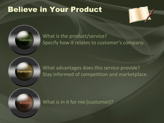 Believe in Your Product Features What is the product/service? Specify how it relates to customer’s company. Expressive What advantages does this service provide? Stay informed of competition and marketplace. What is in it for me (customer)? Benefits 