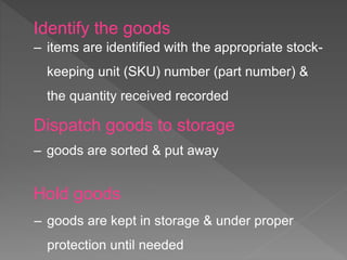 ‒ items are identified with the appropriate stock-
keeping unit (SKU) number (part number) &
the quantity received recorded
Identify the goods
Dispatch goods to storage
‒ goods are sorted & put away
Hold goods
‒ goods are kept in storage & under proper
protection until needed
 