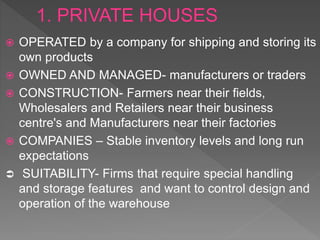  OPERATED by a company for shipping and storing its
own products
 OWNED AND MANAGED- manufacturers or traders
 CONSTRUCTION- Farmers near their fields,
Wholesalers and Retailers near their business
centre's and Manufacturers near their factories
 COMPANIES – Stable inventory levels and long run
expectations
 SUITABILITY- Firms that require special handling
and storage features and want to control design and
operation of the warehouse
 