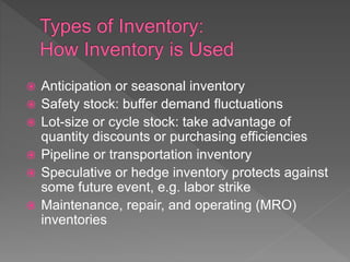  Anticipation or seasonal inventory
 Safety stock: buffer demand fluctuations
 Lot-size or cycle stock: take advantage of
quantity discounts or purchasing efficiencies
 Pipeline or transportation inventory
 Speculative or hedge inventory protects against
some future event, e.g. labor strike
 Maintenance, repair, and operating (MRO)
inventories
 