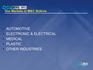 Our  Markets in M&C Stokvis AUTOMOTIVE ELECTRONIC  &  ELECTRICAL MEDICAL PLAS TIC O THER INDUSTRIES 