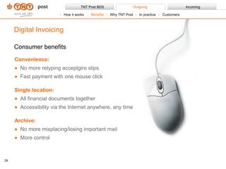 Consumer benefits Convenience: No more retyping acceptgiro slips Fast payment with one mouse click Single location: All financial documents together Accessibility via the Internet anywhere, any time Archive: No more misplacing/losing important mail More control Digital Invoicing How it works Benefits Why TNT Post In practice Customers 