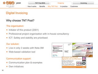 Why choose TNT Post? Digital Invoicing The organisation: Initiator of this product (2001) Professional project organisation with in-house consultancy ICT: Safety and stability are prioritised Our solution: Live in only 3 weeks with Nota XM Web-based validation tool Communication support: Communication plan & examples Own initiatives How it works Benefits Why TNT Post In practice Customers 