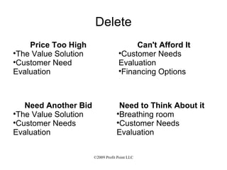 Delete Price Too High The Value Solution Customer Need Evaluation Need Another Bid The Value Solution Customer Needs Evaluation Can't Afford It Customer Needs Evaluation Financing Options Need to Think About it Breathing room Customer Needs Evaluation 