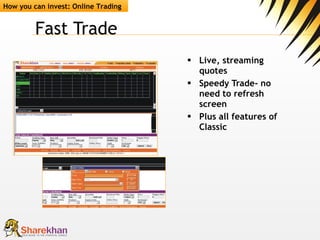 Fast Trade  Live, streaming quotes Speedy Trade- no need to refresh screen Plus all features of Classic How you can invest: Online Trading 