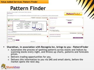 Pattern Finder Sharekhan, in association with Recognia Inc, brings to you - PatternFinder Automates the process of spotting patterns across stocks and indices by scanning stocks every night, and throws up charts, patterns and forecasts prices.  Delivers trading opportunities for you. Delivers this information to you via SMS and email alerts, before the market opens the next day.  Value Added Services: Pattern Finder 