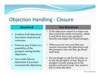 Objection Handling - Closure
— Confirm if all objections
have been resolved and
overcome.
— Find out now if there is a
possibility of the
prospect raising further
objections.
— Use a trial close to
determine if you have
overcome the objections.
— Confirm if all objections
have been resolved and
overcome.
— Find out now if there is a
possibility of the
prospect raising further
objections.
— Use a trial close to
determine if you have
overcome the objections.
ResolvedResolved
— If the objection raised is a major one
that cannot be easily overcome, admit
it and show how your product’s
benefit outweighs the disadvantages.
— When you are very sure that you
cannot overcome the objections and
the prospect may not buy, go ahead
and close.
— Do not forget to ask for the order i.e.
to ask the prospect to buy. Buyer or
prospect is only saying no to the
product and not to you. You need to
ask to close the deal.
— If the objection raised is a major one
that cannot be easily overcome, admit
it and show how your product’s
benefit outweighs the disadvantages.
— When you are very sure that you
cannot overcome the objections and
the prospect may not buy, go ahead
and close.
— Do not forget to ask for the order i.e.
to ask the prospect to buy. Buyer or
prospect is only saying no to the
product and not to you. You need to
ask to close the deal.
Not ResolvedNot Resolved
Presented by Ram
 