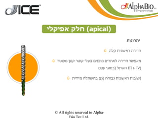 ‫)‪ (apical‬חלק אפיקלי‬
                                               ‫יתרונות‬

                                    ‫חדירה ראשונית קלה ‪ü‬‬

 ‫מאפשר חדירה לאתרים מוכנים בעלי קוטר קטן מקוטר ‪ü‬‬
                             ‫)‪- IV‬ו ‪ III‬השתל )בסוגי עצם‬

         ‫)יציבות ראשונית גבוהה )גם בהשתלה מיידית ‪ü‬‬




  ‫-‪© All rights reserved to Alpha‬‬
 