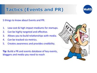 5	
  things	
  to	
  know	
  about	
  Events	
  and	
  PR:	
  

1.     Low-­‐cost	
  &	
  high	
  impact	
  mediums	
  for	
  startups.	
  
2.     Can	
  be	
  highly	
  targeted	
  and	
  eﬀec1ve.	
  
3.     Allows	
  you	
  to	
  build	
  rela1onships	
  with	
  media.	
  
4.     Can	
  be	
  tracked	
  via	
  metrics.	
  
5.     Creates	
  awareness	
  and	
  provides	
  credibility.	
  

Tip:	
  Build	
  a	
  PR	
  and	
  events	
  database	
  of	
  key	
  events,	
  
bloggers	
  and	
  media	
  you	
  need	
  to	
  reach	
  
	
  



             	
            	
             	
            	
            	
  	
  
 