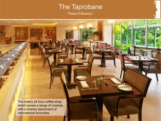 The Taprobane
The hotel’s 24 hour coffee shop,
which serves a range of cuisines,
with a diverse assortment of
international favourites.
“Feast of flavours.”
 