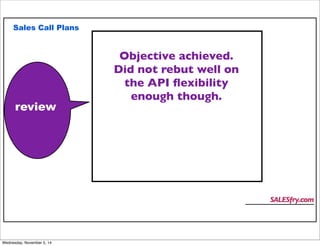Sales Call Plans 
review 
SALESfry.com 
Objective achieved. 
Did not rebut well on 
the API flexibility 
enough though. 
Wednesday, November 5, 14 
 