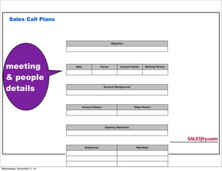 Sales Call Plans 
meeting 
& people 
details 
SALESfry.com 
Wednesday, November 5, 14 
 