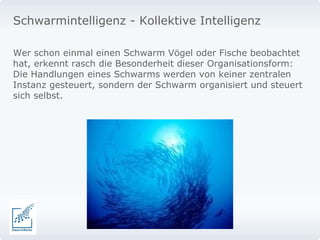 Schwarmintelligenz - Kollektive Intelligenz Wer schon einmal einen Schwarm Vögel oder Fische beobachtet hat, erkennt rasch die Besonderheit dieser Organisationsform: Die Handlungen eines Schwarms werden von keiner zentralen Instanz gesteuert, sondern der Schwarm organisiert und steuert sich selbst.  